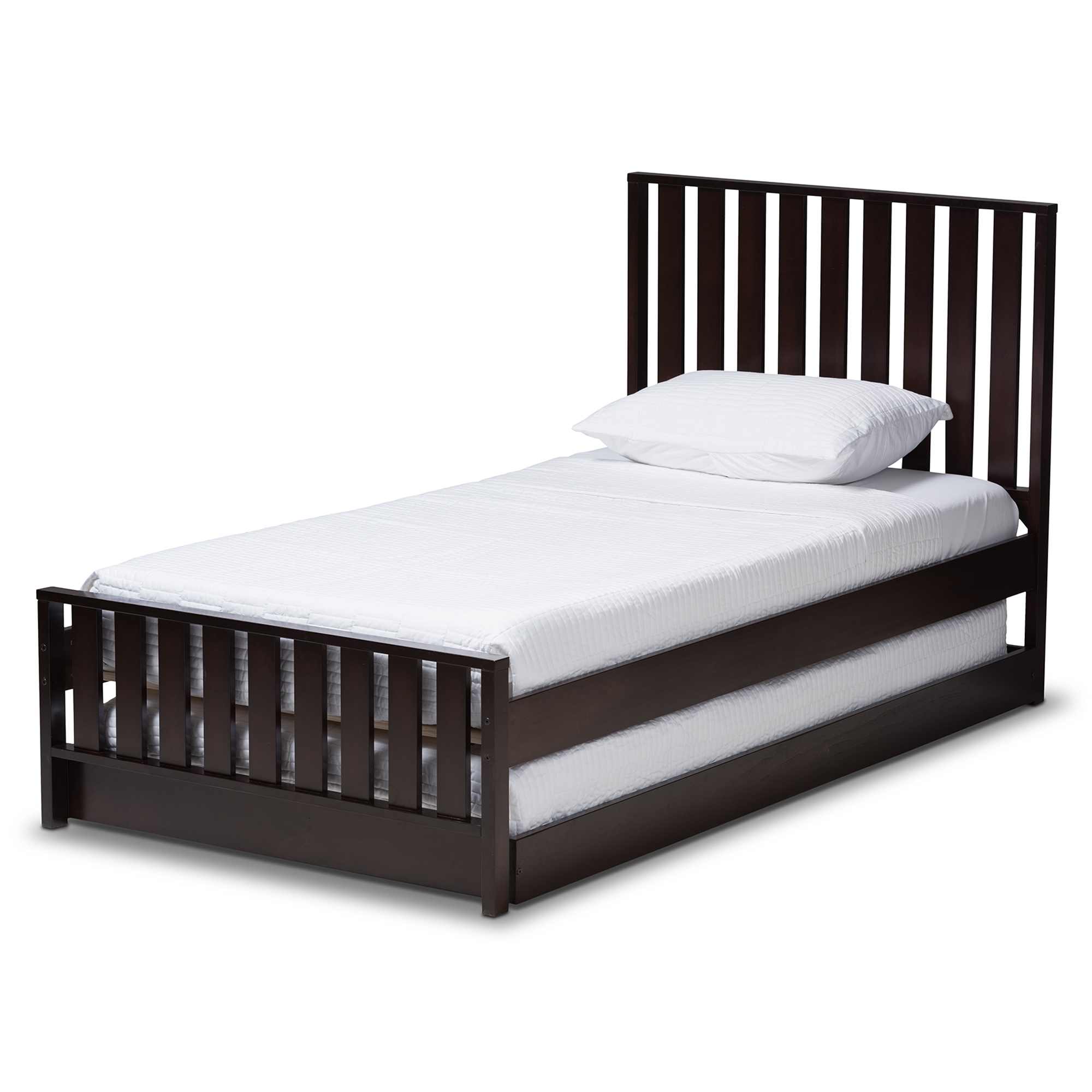 Baxton Studio Harlan Modern Classic Mission Style Dark Brown-Finished Wood Twin Platform Bed with Trundle Affordable modern furniture in Chicago, classic bedroom furniture, modern bed, cheap full bed